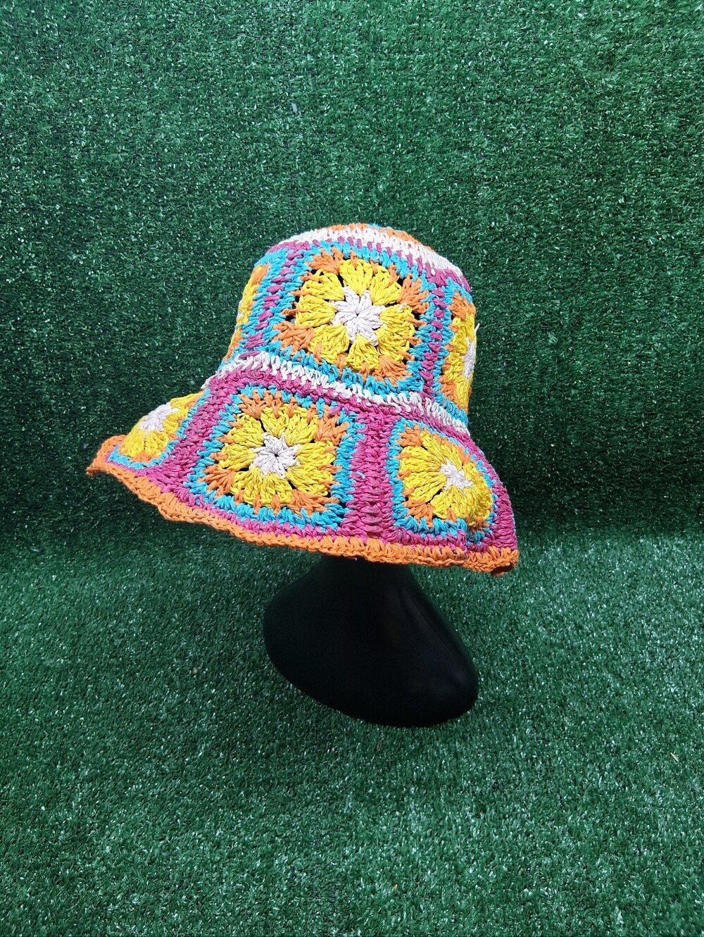 Multi-Color Crochet Woven Floral Sun Hat Wide Brims Folds Hippie Straw Women